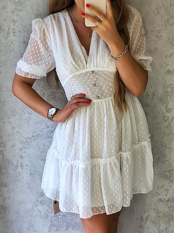 Woochic mini-robe à pois à volantée boutons décolleté plongeant manches bouffantes manches courtes casual doux plage